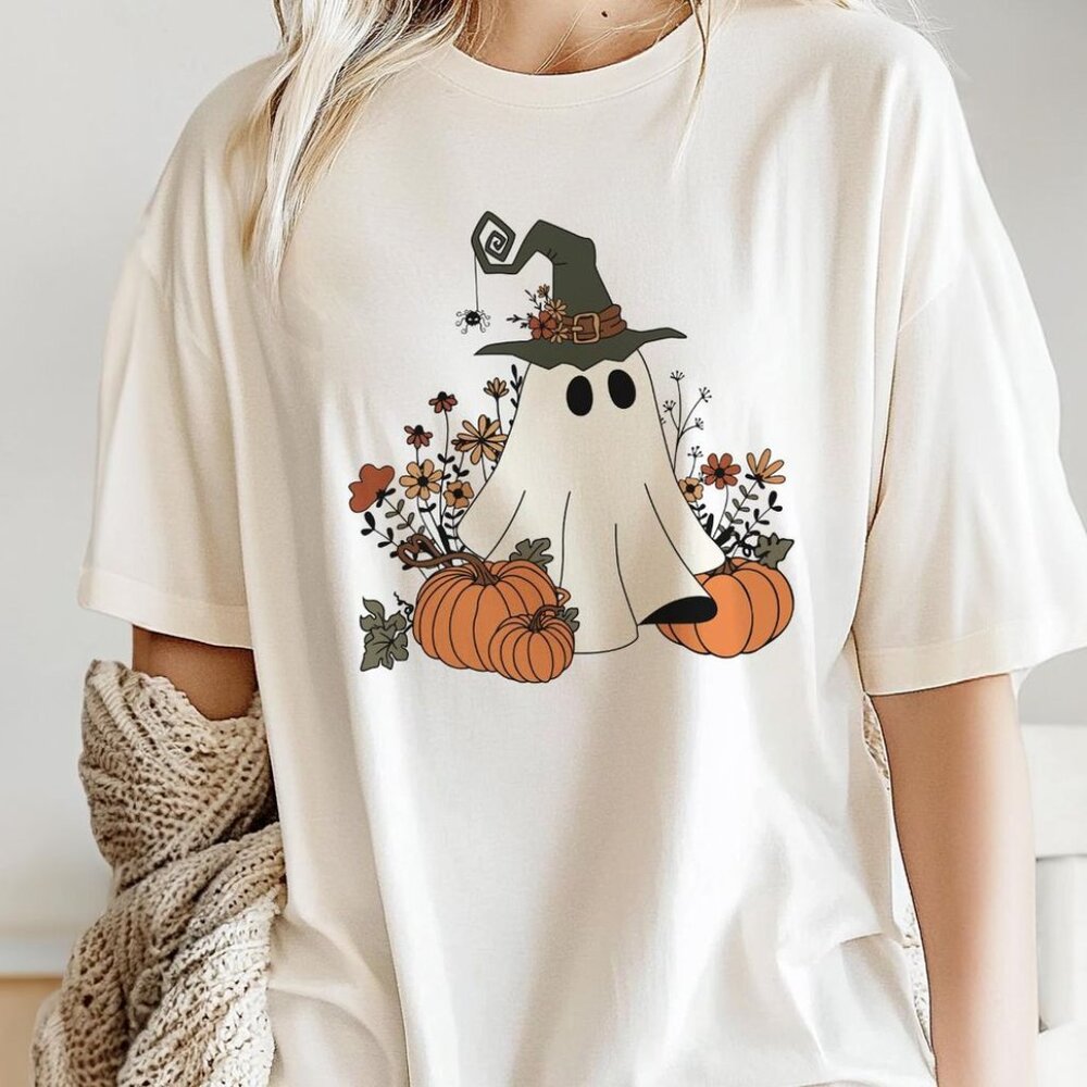Halloween Ghost Pumpkin Floral Shirt, Cute Witchy Ghost Graphic Tee
